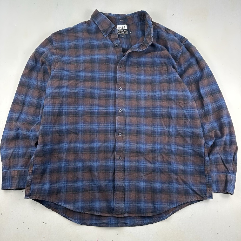 Pendleton Mason Shadow Plaid Flannel Cotton Shirt Mens XXL Blue Brown 2XL - Picture 1 of 10